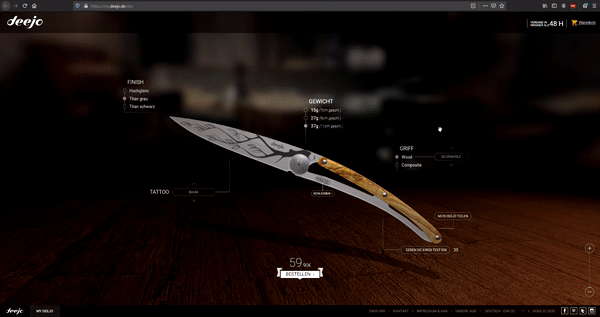 GIF con presentazione interattiva in 3D sul sito del venditore di coltelli Deejo