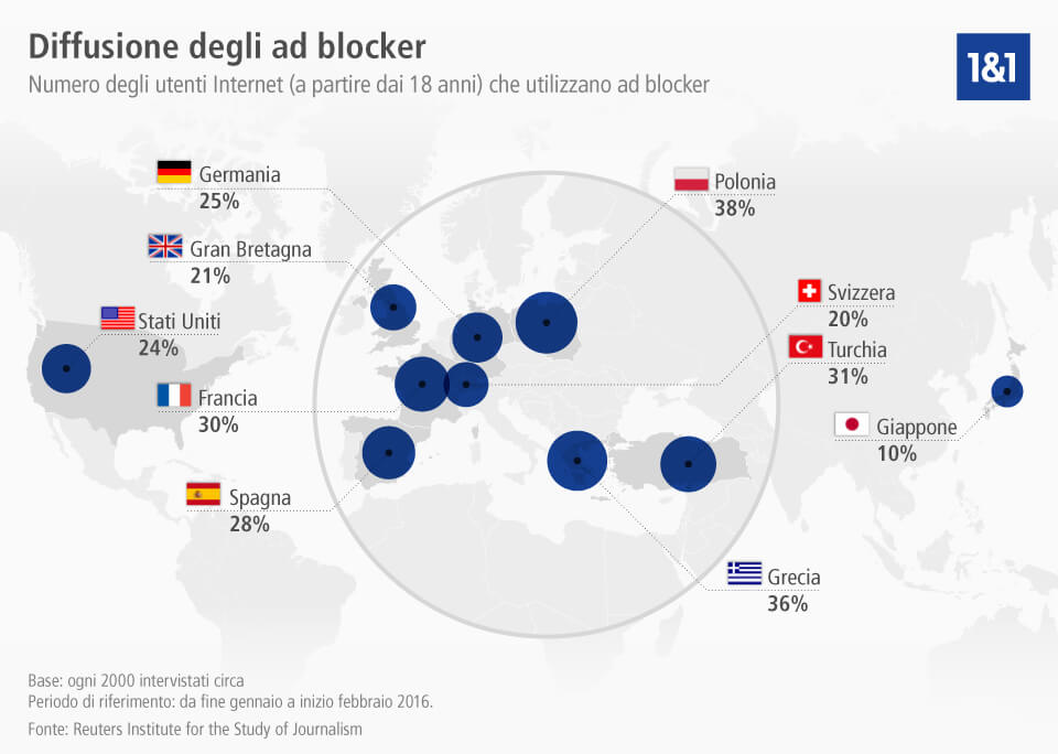 Infografica sulla diffusione degli adblock nel mondo