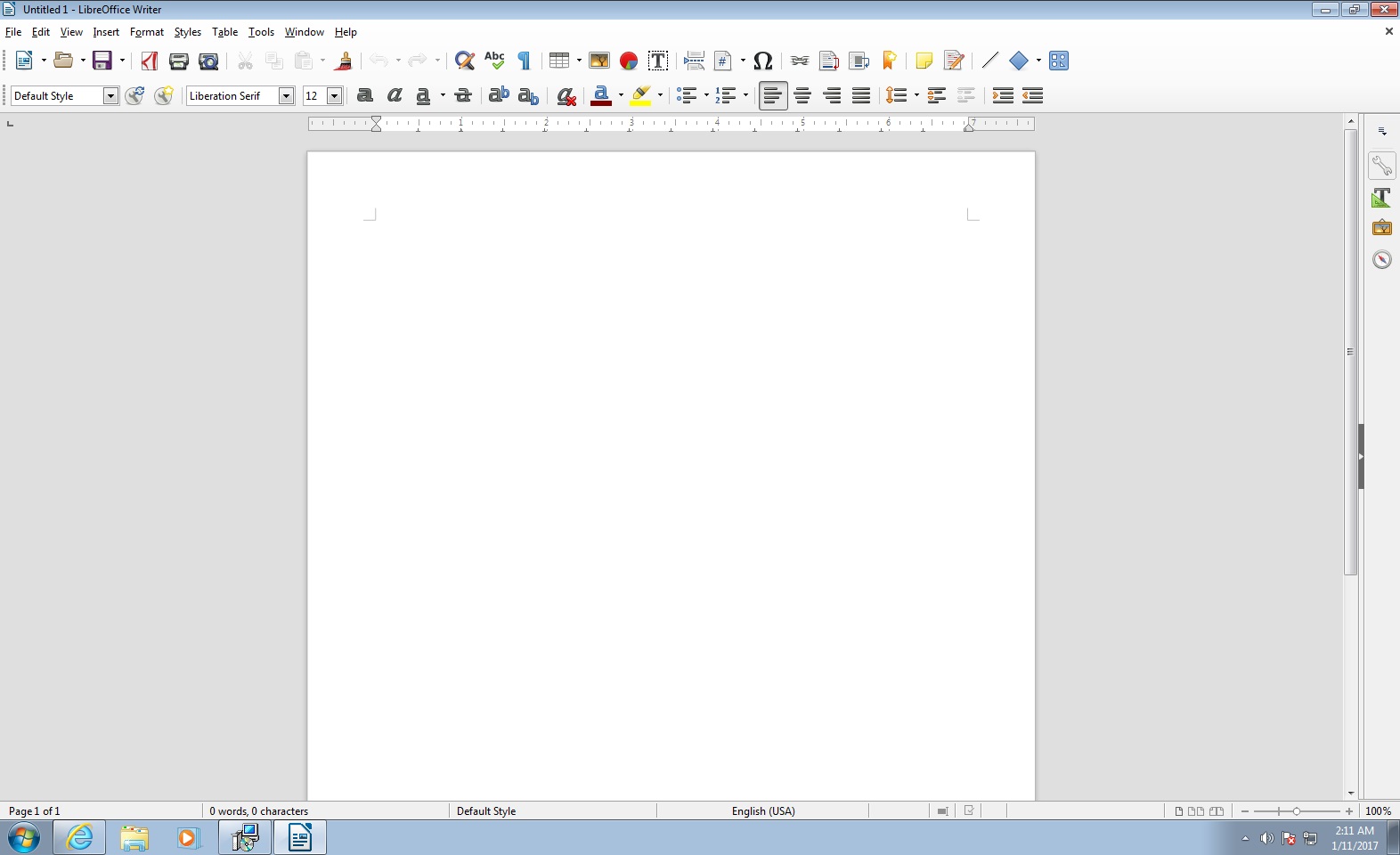 Interfaccia utente di LibreOffice Writer in inglese con esempio di nuovo documento