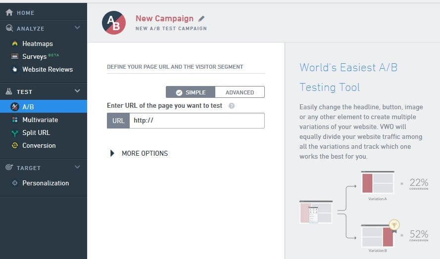 Menu per la creazione di campagne con Virtual Website Optimizer