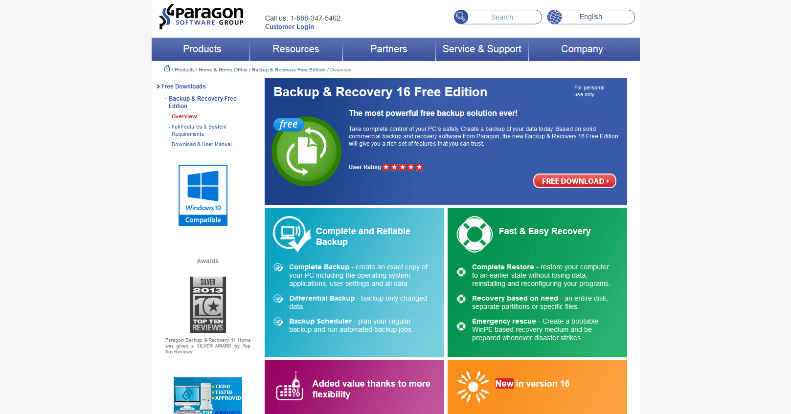 Pagina web di prodotto del software Paragon Backup & Recovery 16 Free