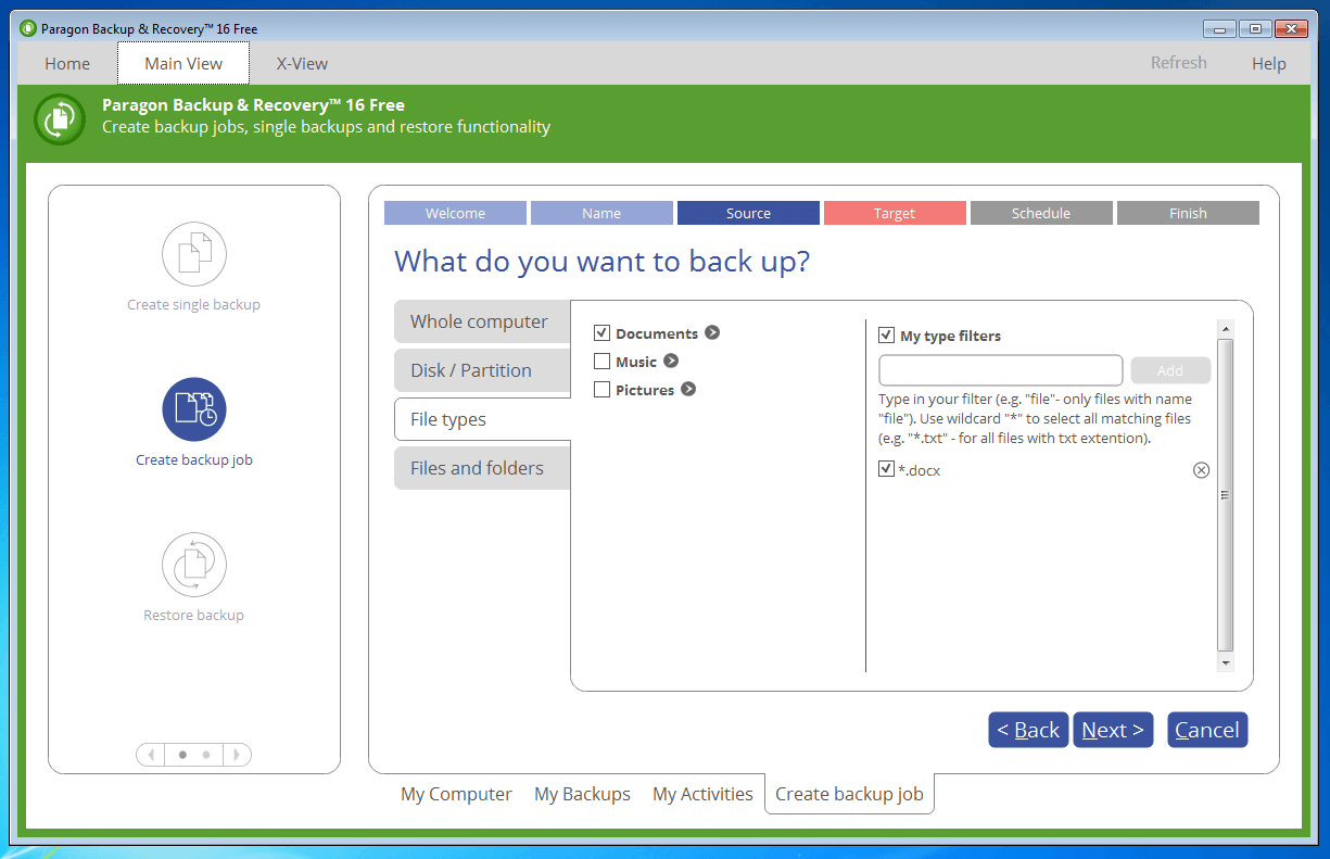 Paragon Backup & Recovery 16 Free: menu per la configurazione di filtri di file