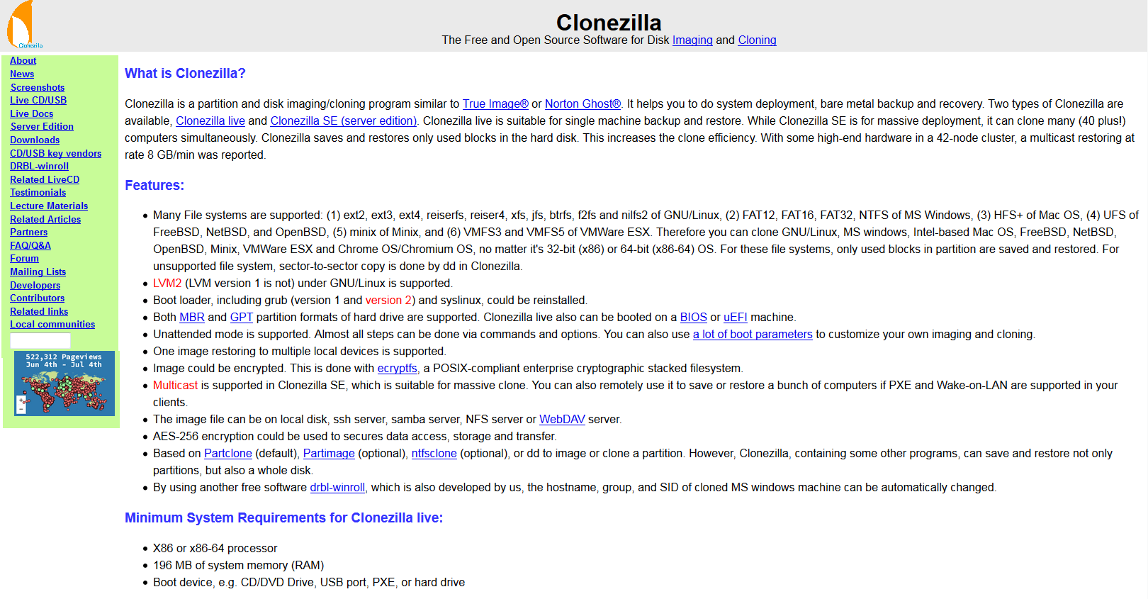 Sito web del progetto Clonezilla