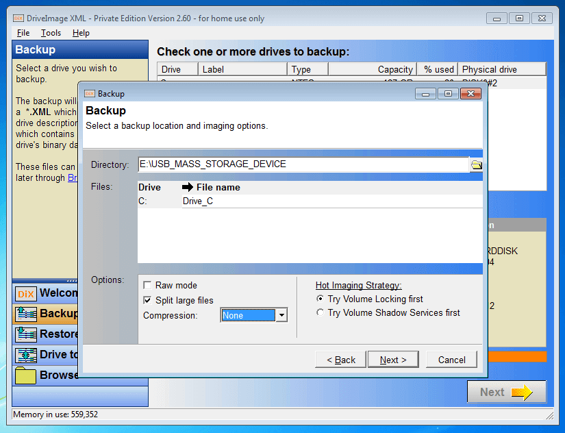 DriveImage XML 2.60: opzioni di imaging