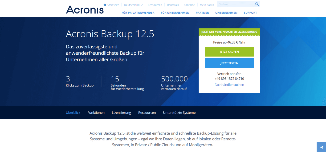 Pagina web di prodotto: Acronis Backup 12.5