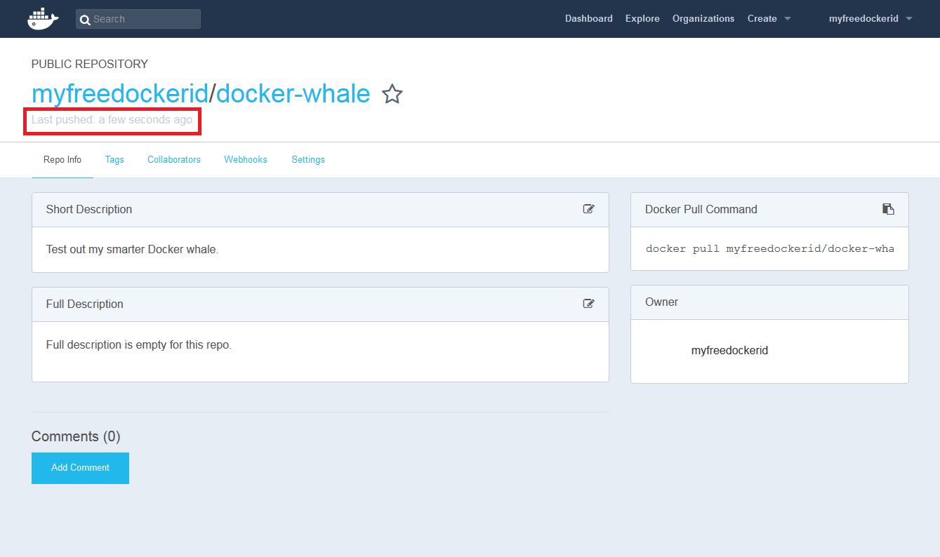 Docker Hub: vista dettagliata del repository myfreedockerid/docker-whale