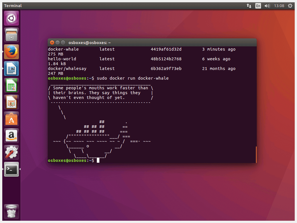 La risposta di un container basato su docker-whale nel terminale di Ubuntu