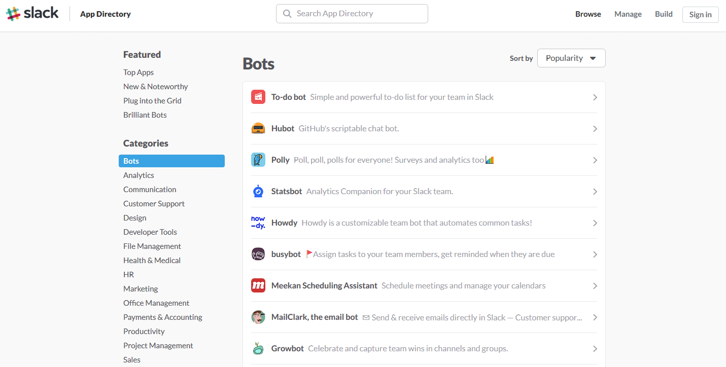 Lista di diversi Slack bot