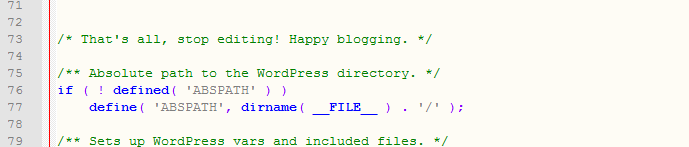 Ultime righe del codice nel file wp-config.php di WordPress