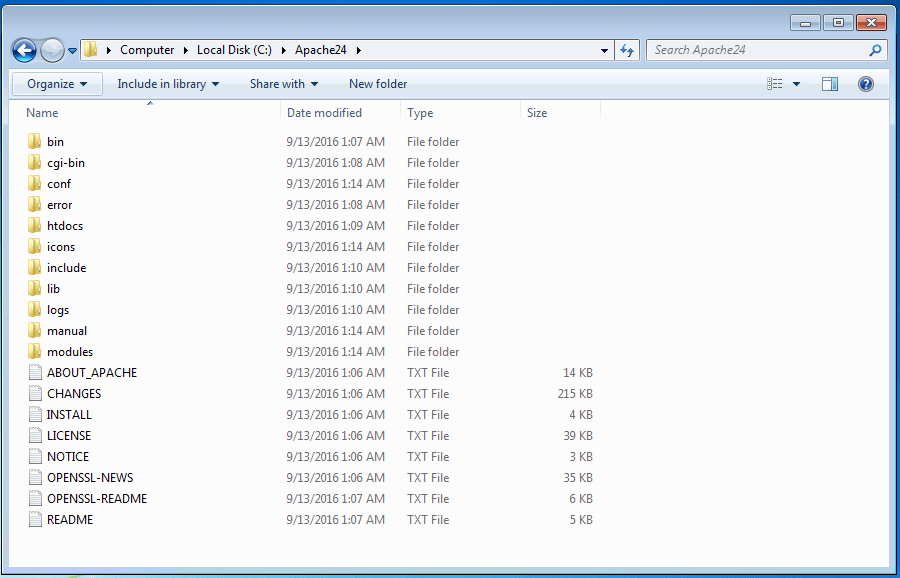 Screenshot: file per installare Apache in C:\Apache24