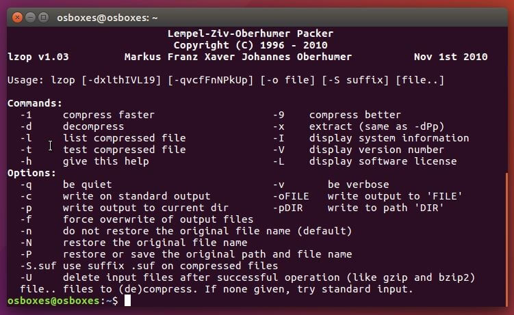 Il terminale di Ubuntu: menu generale di lzop
