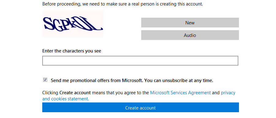 Captcha testuale per registrare un account su Microsoft