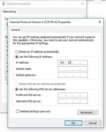 Menu per la configurazione dell’indirizzo su Windows 10