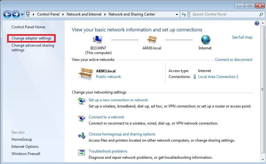 Centro Connessioni di rete e condivisione nel pannello di controllo di Windows