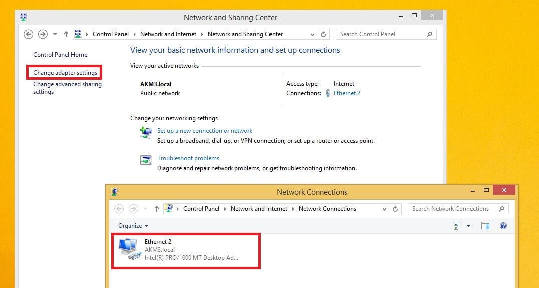 Centro Connessioni di rete e condivisione e le connessioni di rete disponibili su Windows 8