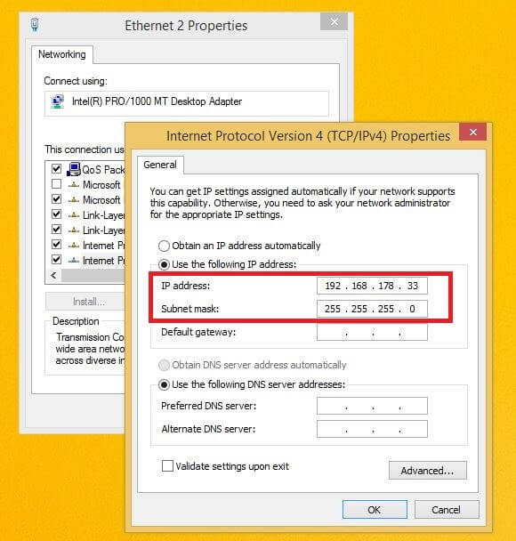 Il menu di Windows 8 del protocollo Internet IPv4: assegnazione manuale dell’indirizzo