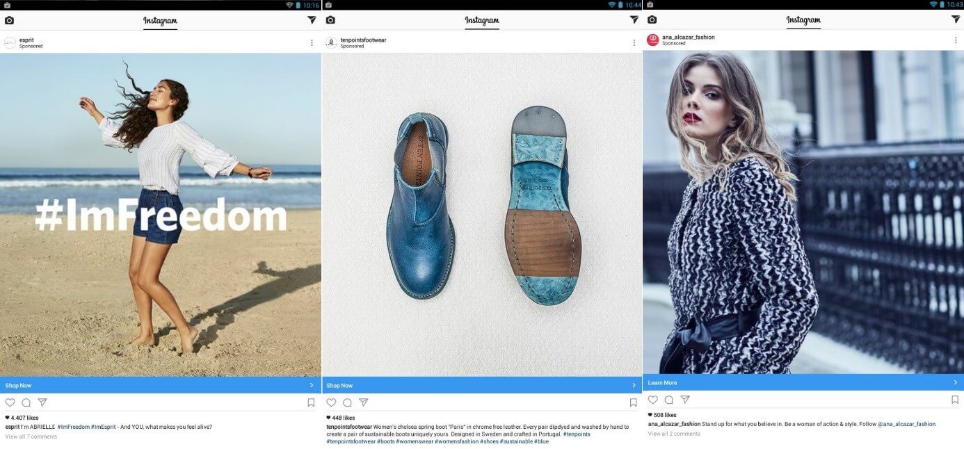 tre esempi di annunci pubblicitari su Instagram di tre diversi brand