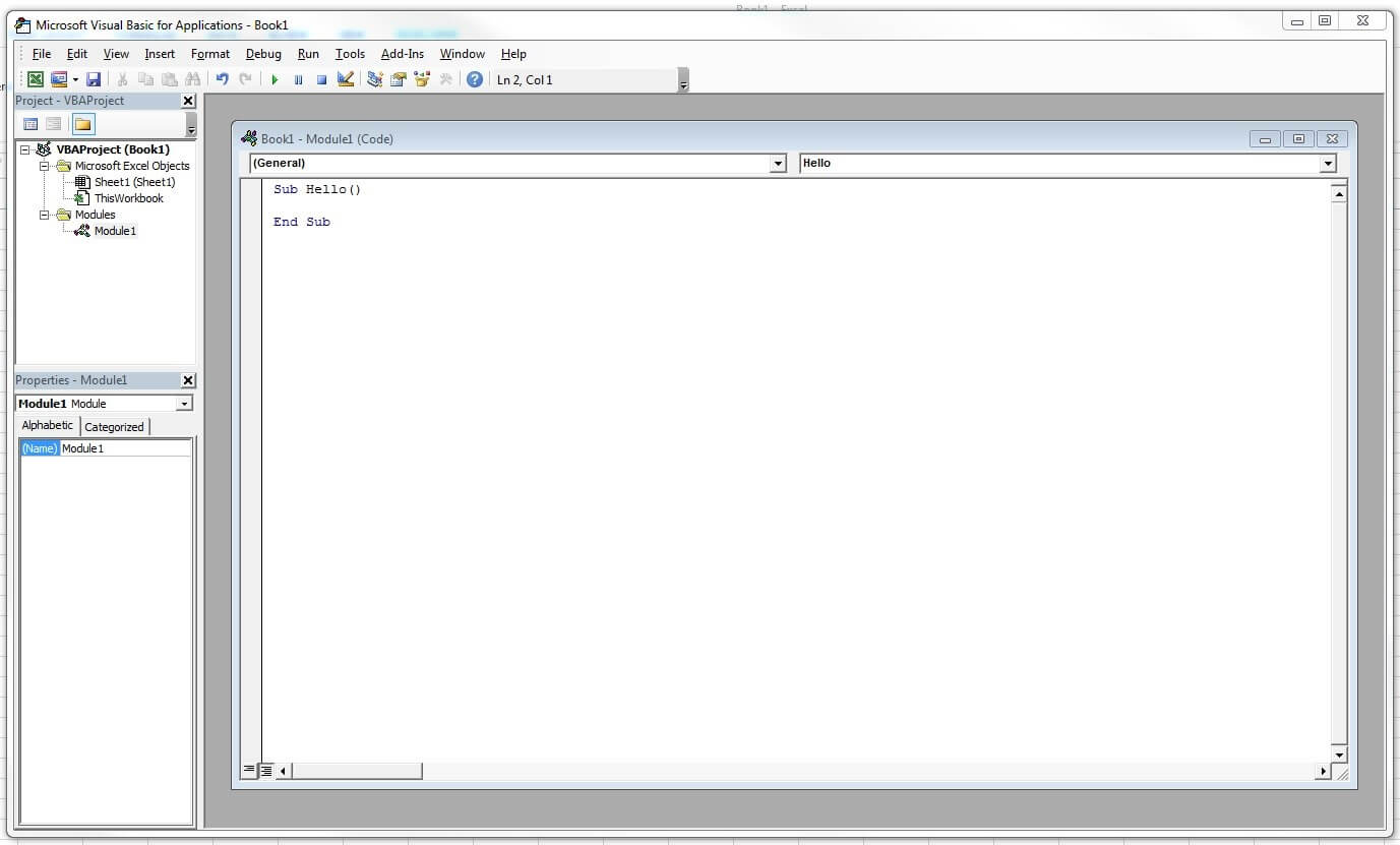 Superficie dell’editor VBA per Excel con il codice della macro nominata “Hello”