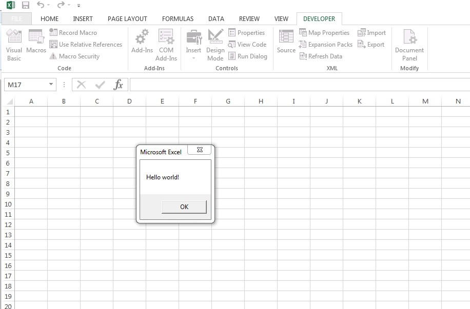 Esempio di macro su Excel con la finestra di dialogo “Hello world!”