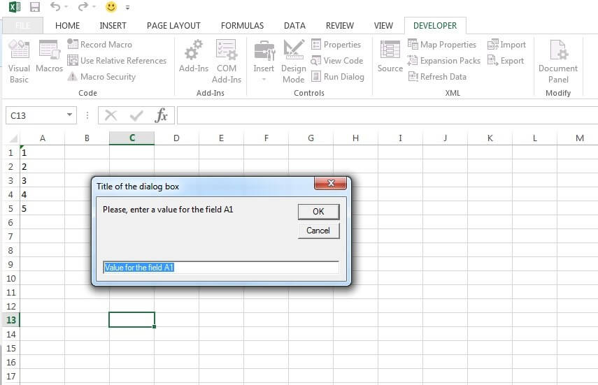 Esempio di finestra di dialogo per l’inserimento di dati su Excel