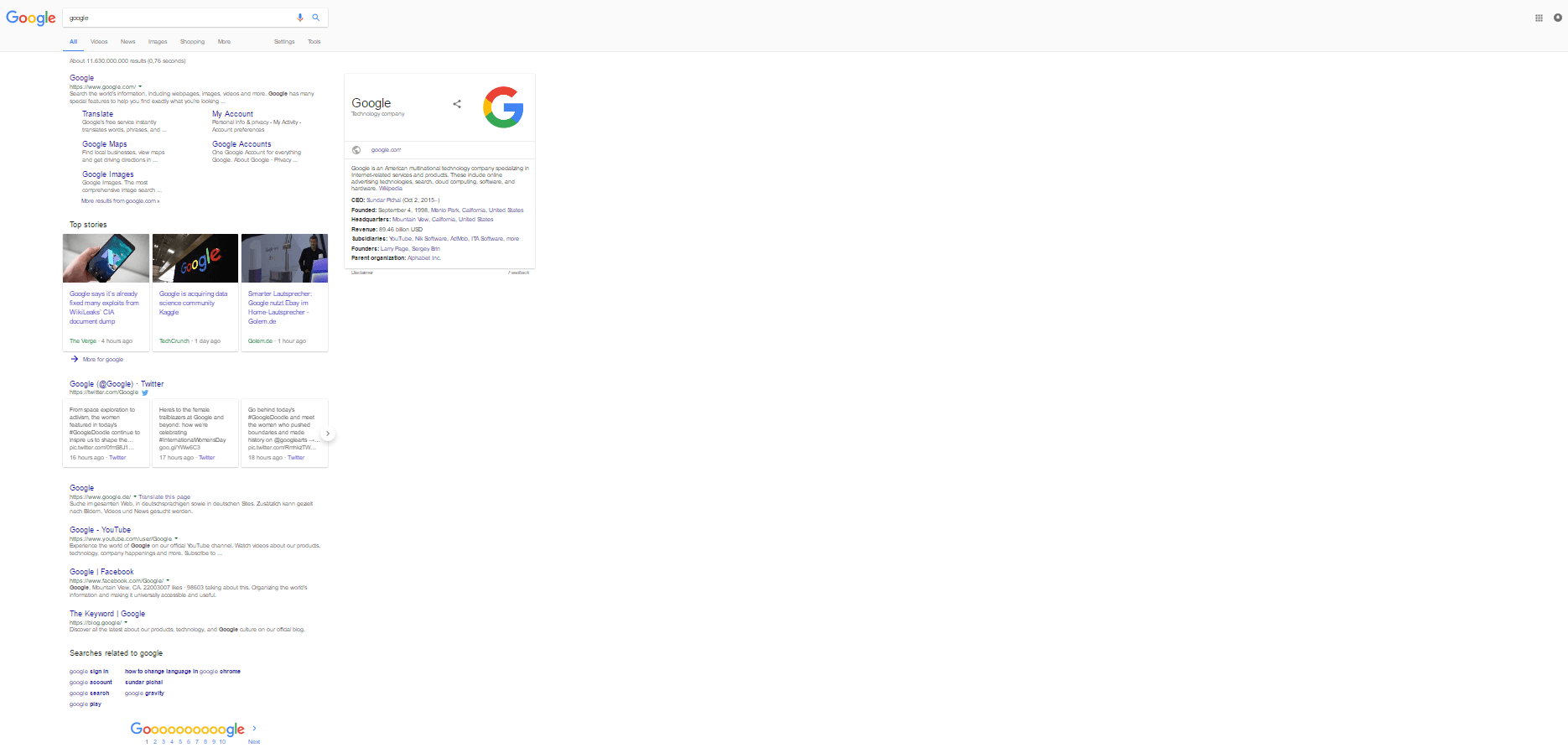 Screenshot di una ricerca su Google oggi, in italiano