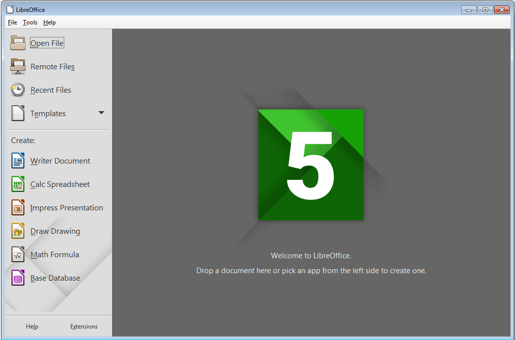 Screenshot della schermata iniziale di LibreOffice