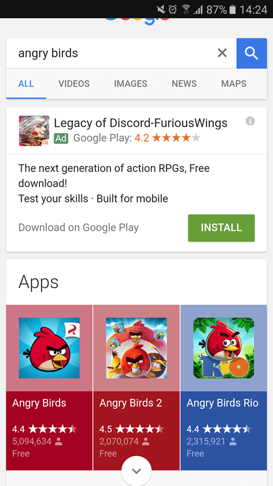 Le app di Angry Birds all’interno delle SERP di Google in inglese