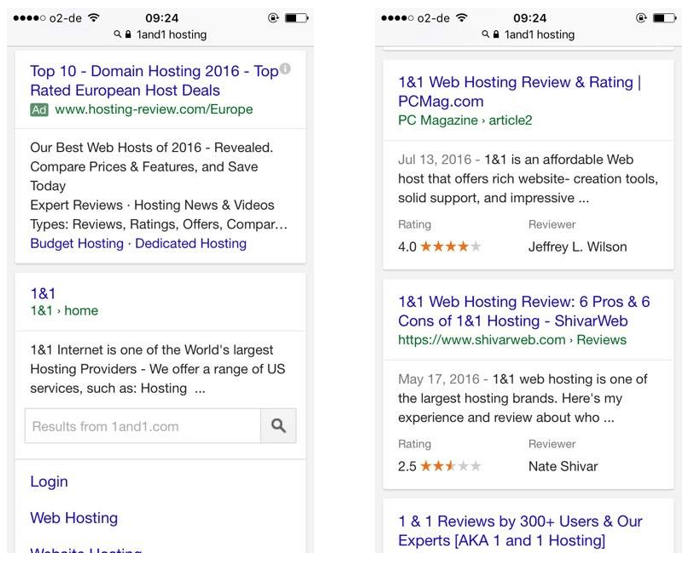 Ricerca Mobile su Google con annunci (sinistra) e risultati standard (destra)
