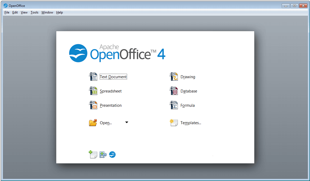 Screenshot della schermata iniziale di OpenOffice