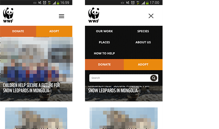 Esempio di barra di navigazione con effetto responsive grid, WWF