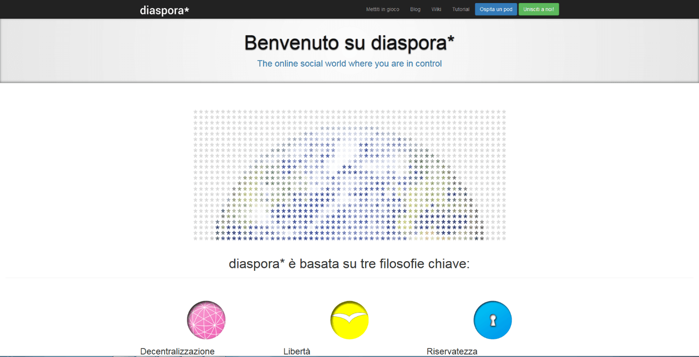 Screenshot della homepage di Diaspora