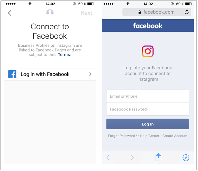 Invito dell’app di Instagram a collegarsi a Facebook