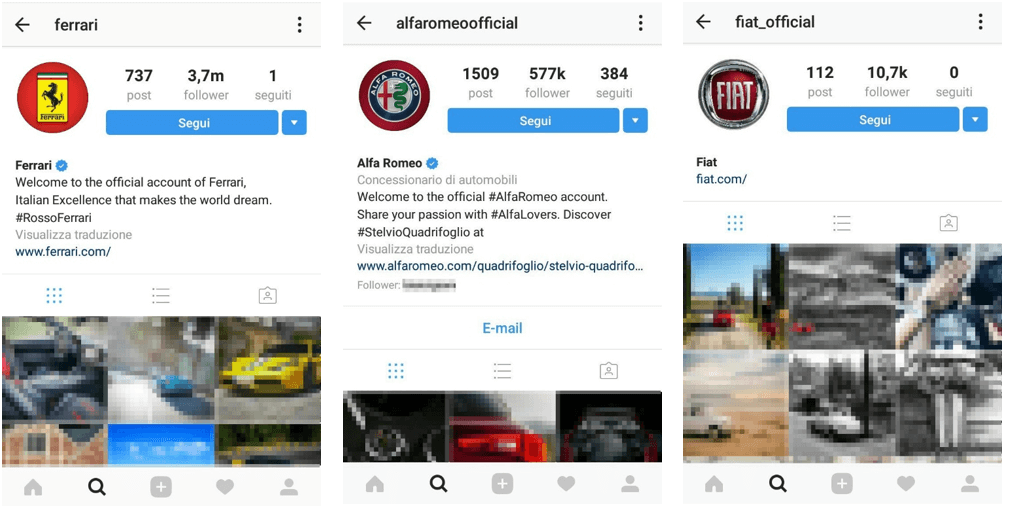 Profilo aziendale Instagram ufficiale della Ferrari, Alfa Romeo o Fiat