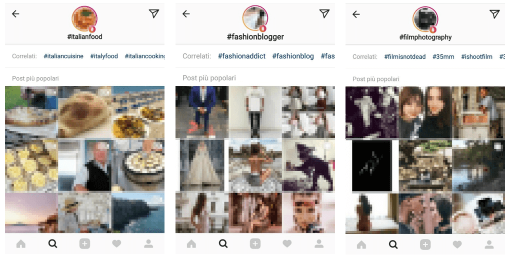 Ricerca dell’hashtag #italianfood, #fashionblogger, #filmphotography sull’app di Instagram