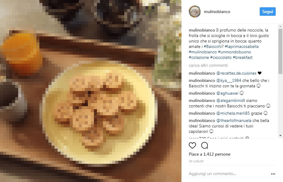 Post su Instagram dell’azienda di dolciumi Mulino Bianco nella visualizzazione dal browser