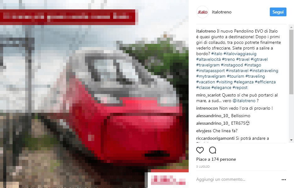 Il nuovo pendolino di Italo Treno sul profilo ufficiale Instagram nella visualizzazione dal browser