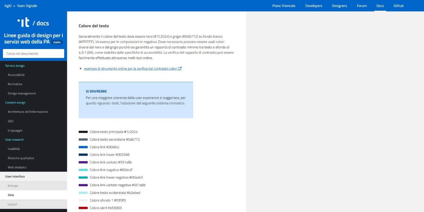 Screenshot delle linee guida cromatiche pubblicate online dal Ministero per la Semplificazione e la PA