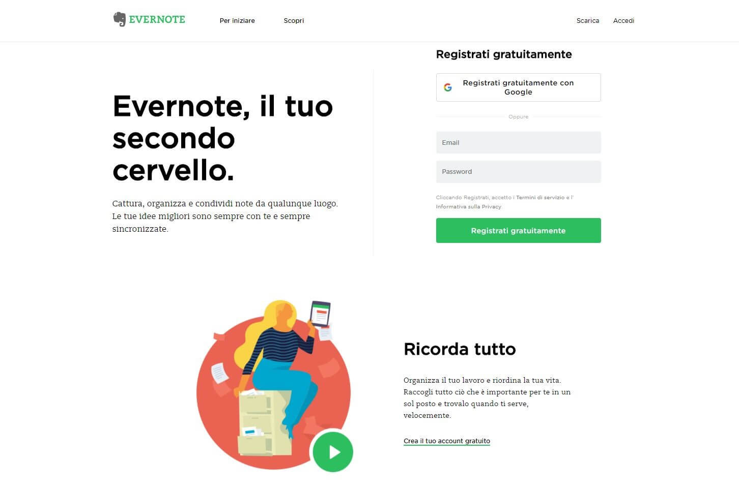 Screenshot della homepage italiana di Evernote con il modulo di iscrizione