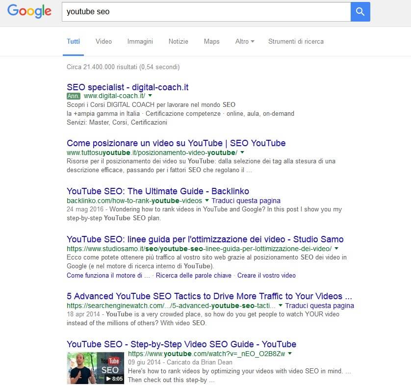 Risultati della ricerca “youtube seo” su Google