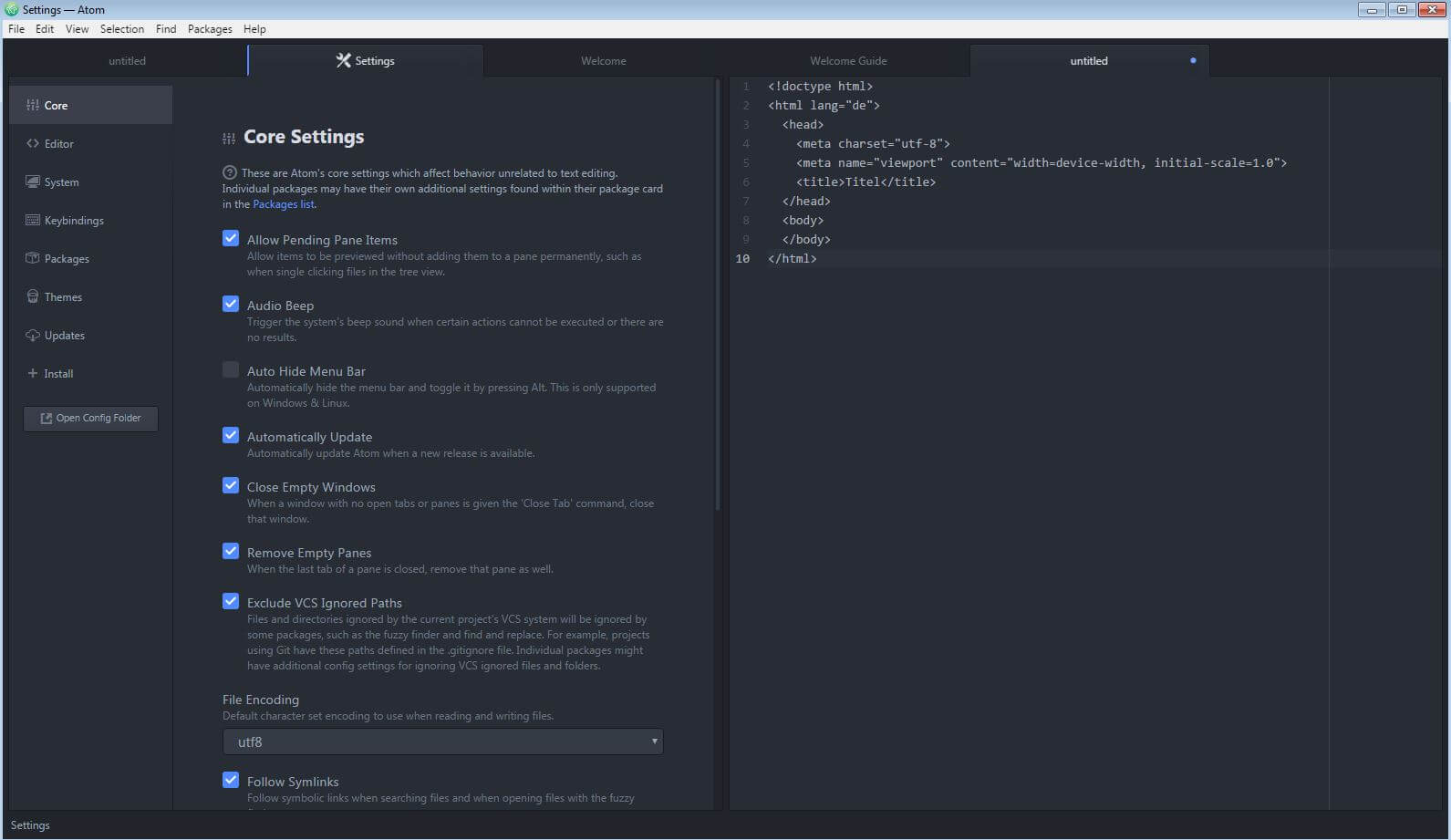 Screenshot del menù dell’editor web Atom in inglese