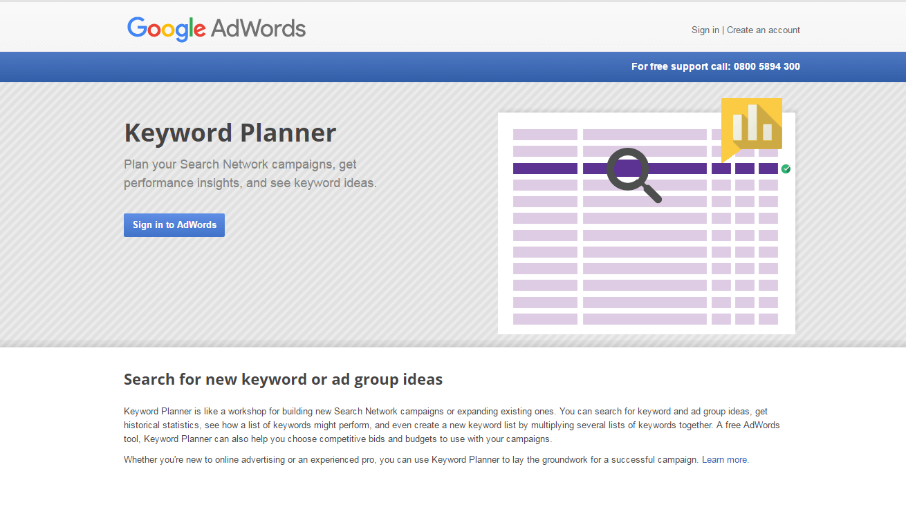 Pagina iniziale del Keyword Planner di Google