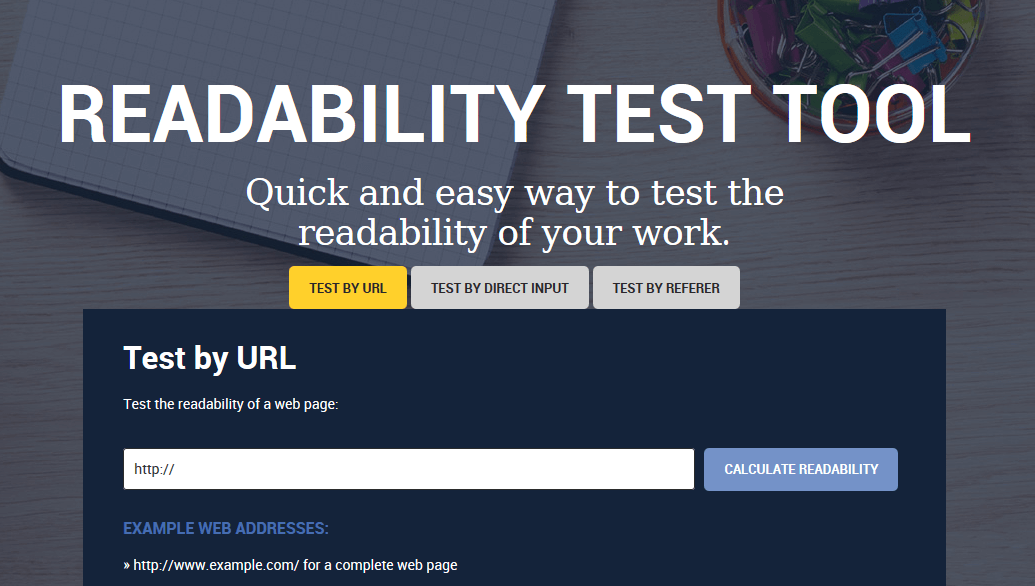 Screenshot della pagina iniziale del sito Readability Test Tool