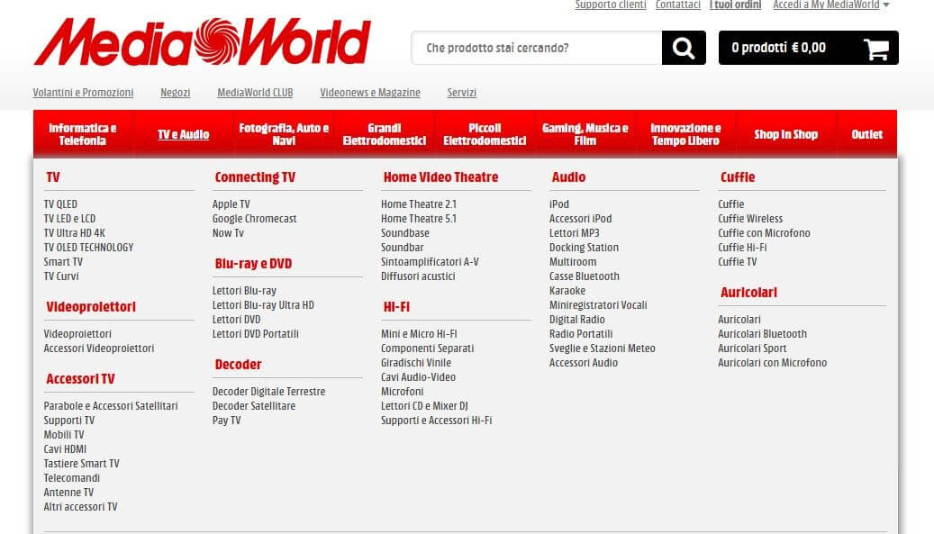 Screenshot di un menu a tendina su mediaworld.it