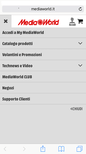Screenshot del negozio online di Media World da dispositivo mobile