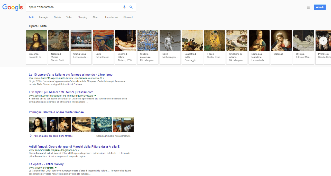 Screenshot del risultato “opere d’arte famose” su Google in italiano
