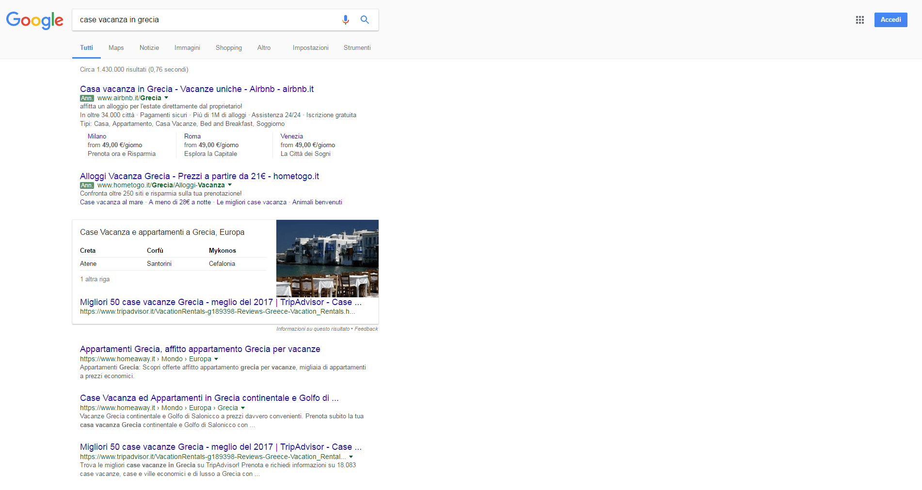 Screenshot della ricerca “case vacanza in Grecia” su Google oggi, in italiano