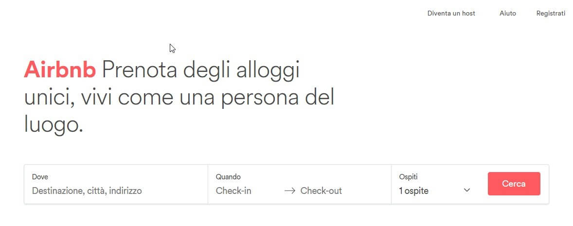 Screenshot della homepage di airbnb.it