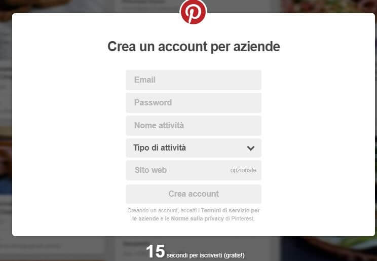 Pagina per creare un account aziendale su Pinterest