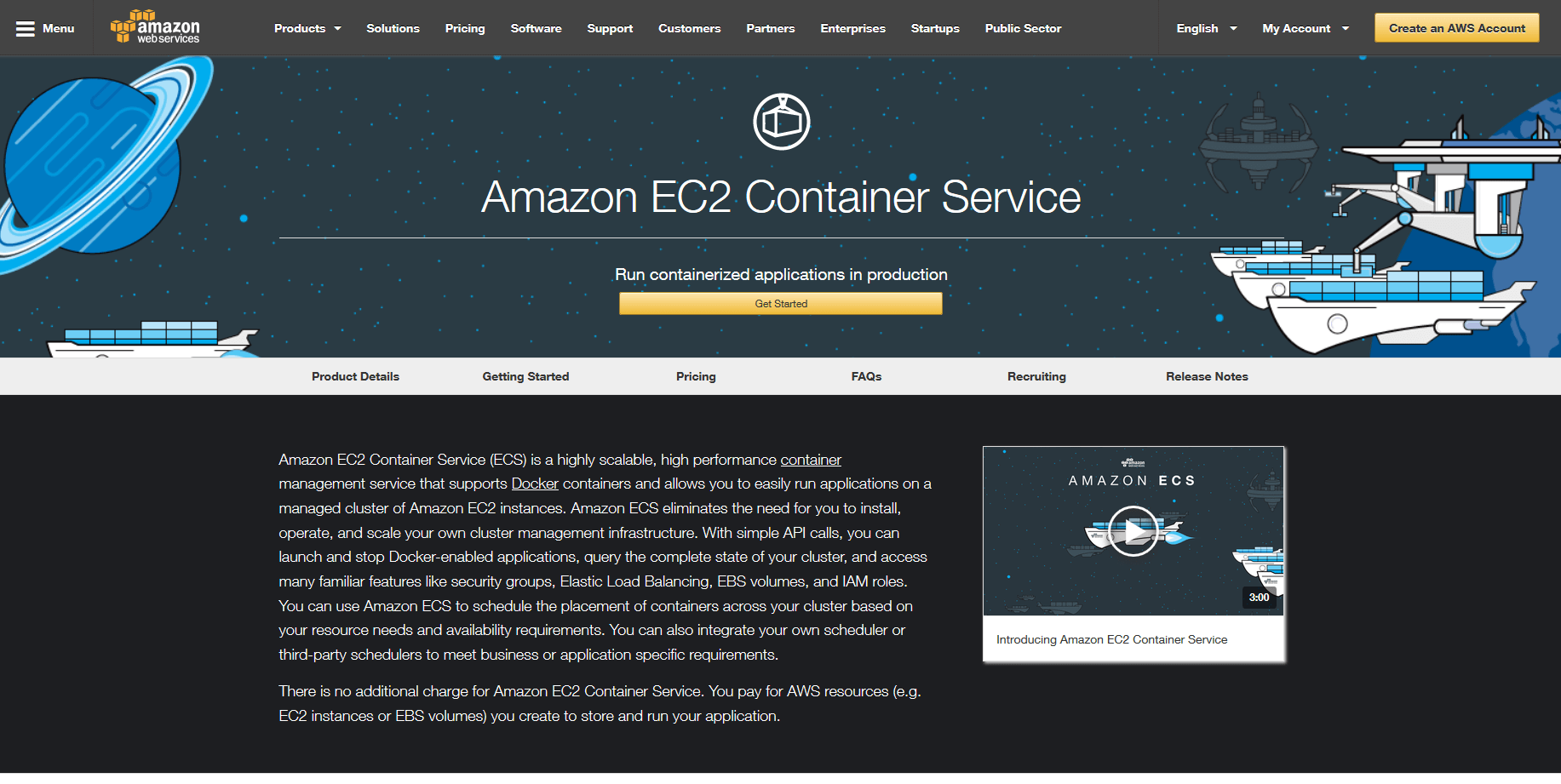 Pagina del prodotto Amazon EC2 Container Service (ECS) sul sito di Amazon