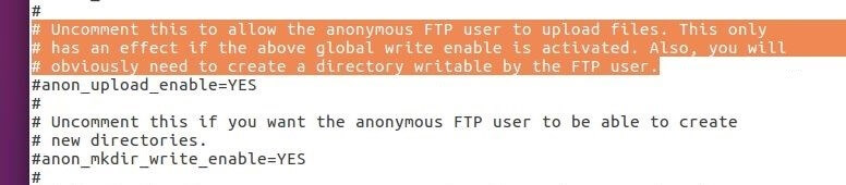 Screenshot del codice del file di configurazione di vsftpd